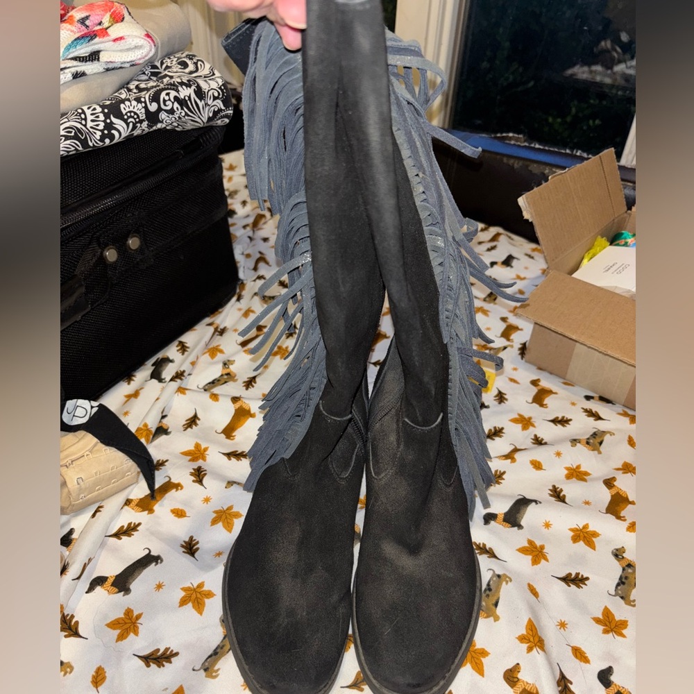 Reba Black fringe suede cowgirl boots